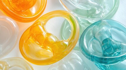 Group of small, round objects that appear to be made of glass or plastic. the objects are arranged in a scattered manner, with some overlapping each other.