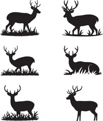 Six Black Silhouettes of Deer in Grass