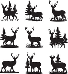 Nine Black Silhouettes of Deer in Forest Settings