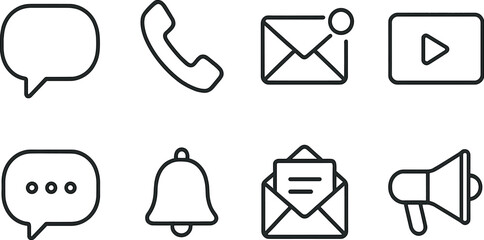 Communication and messaging icons set – linear, chat and contact outline symbols