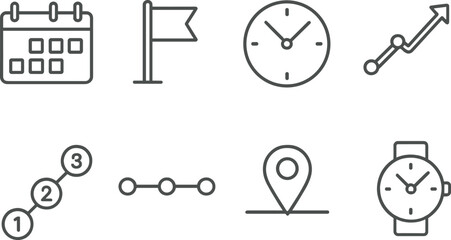 Timeline and infographics linear icons set – simple, compose and chronological symbols