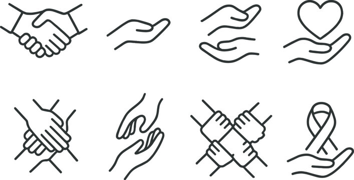 Supporting hands outline icons set – silhouette, helping and care symbol collection