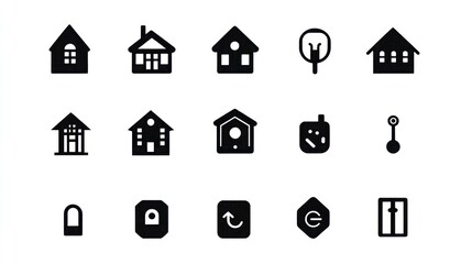 Collection of simple black icons depicting various housing and technology related objects