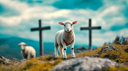 The poignant scene of a lamb in front of the three crosses at Calvary.