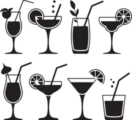 Collection of Eight Black and White Cocktail Icons