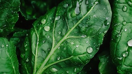 Fototapeta premium Close-up of a group of green leafy vegetables. the leaves are large and have a glossy texture. they are covered in small droplets of water, which are glistening in the light.