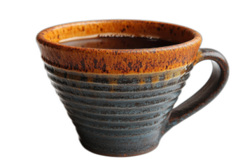 Brown and black cup with handle, glossy finish, and subtle patterns isolated on transparent background.