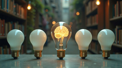 Golden brain bulb glowing in street with blurred city background
