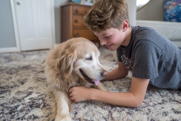 A boy spends quality time with his golden retriever, enjoying a peaceful moment at home.