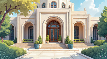 Fototapeta premium Beautiful architectural illustration of a modern building entrance surrounded by greenery and plants