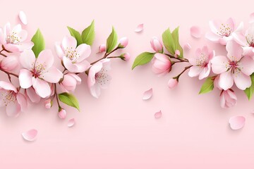 Obraz premium Delicately Blooming Cherry Blossoms Above Light Pink Backdrop
