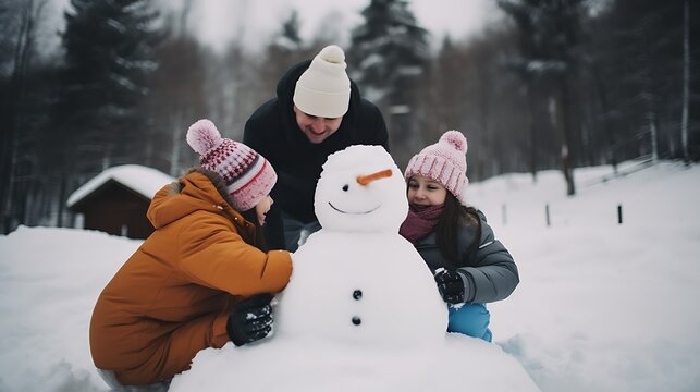Family building snowman winter forest.