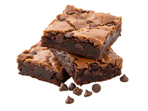 A stack of three chocolate chip brownies with chocolate chips scattered around on a black background on transparent background