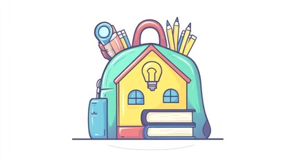 Fototapeta premium Backpack filled with school supplies. A house-shaped backpack is filled with pens, pencils, books, and a lightbulb