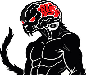 Alien Cat Warrior with Exposed Brain and Glowing Red Eyes