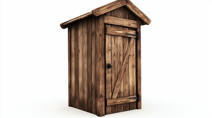 A vintage wooden outhouse set in stark contrast to a plain white background.