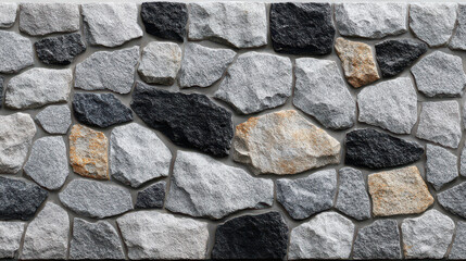 Obraz premium The rustic stone wall features an array of irregular shaped rocks in varying shades of gray, black, and brown creating a textured and natural surface appeal.