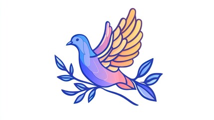 Fototapeta premium A stylized dove in flight, perched on a branch with delicate leaves. Soft colors and outlines create a tranquil scene