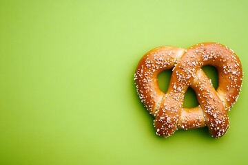 Salty pretzel on bright green background