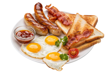 A full english breakfast with sausages bacon eggs toast and tomato sauce on a white plate top view on transparent background