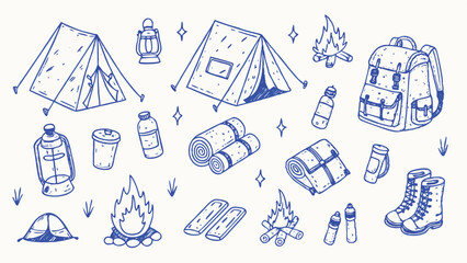 Hand drawn camping elements and outdoor adventure illustrations perfect for creating travel brochures camping guides or nature themed designs