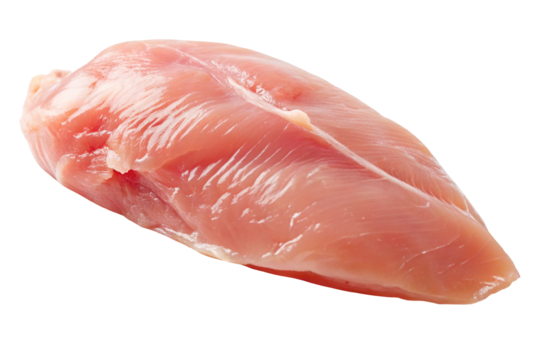 Close up shot of a single raw chicken breast fillet isolated on a black background in a studio shot on transparent background