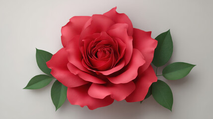 A beautifully detailed 3D render depicts a single magnificent red rose with soft petals, surrounded by vibrant green leaves, creating an elegant floral design.