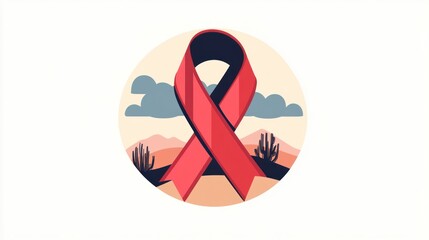 Red ribbon symbol, desert landscape background