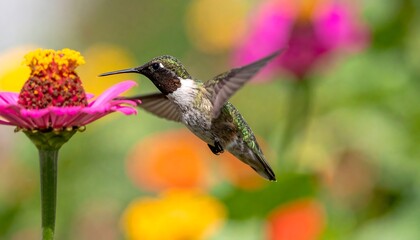 Obraz premium Hummingbird Hovering Near a Pink Flower with Green Background Focused Shot