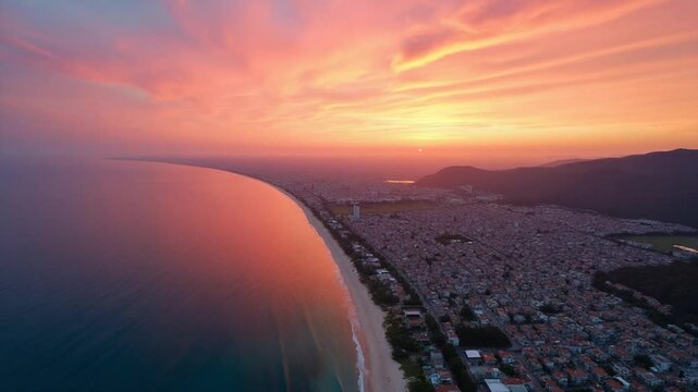 Aerial View from Drone of Touristic Coastal City Against Spectacular Sunset Sky