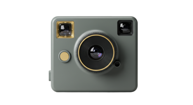 Isolated Square Retro Camera with Golden Accents