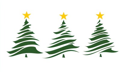 Obraz premium Three stylized Christmas trees with wavy, dark green outlines and gold stars atop, set against a white background