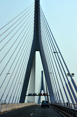 Suspension bridge over the Guadiana River, Algarve Portugal. This bridge is located on the border with Spain