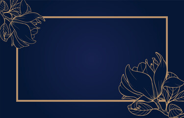 Elegant floral frame with golden line art magnolia flowers on dark blue background, perfect for wedding invitations, luxury cards, branding templates, and decorative graphic design projects