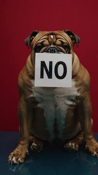 Bouledogue tenant une pancarte &ldquo;NO&rdquo; dans sa gueule &ndash; fond rouge et pose s&eacute;rieuse

