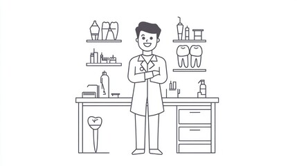 Friendly dentist standing in clinic, arms crossed, smiling.  Modern dental office