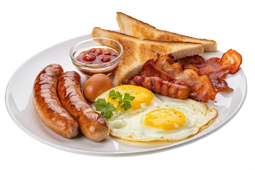 A full english breakfast with sausages, bacon, fried eggs, toast, jam, and a boiled egg on a white plate on transparent background