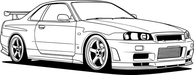 Vector illustration ouline sport street car, jdm sport car black and white
