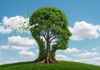 Tree shaped like human head with leaves blowing in the wind
