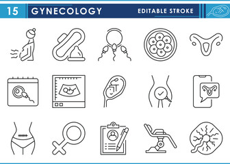A set of line icons related to Gynecology. Female, reproduction, organs, women, health, private, and so on. Vector editable stroke.