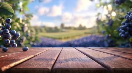 A tranquil scene featuring an empty wooden surface and a soft-focus blueberry farm landscape.