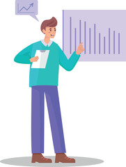 The man standing in front of the chart analyzes the sales growth