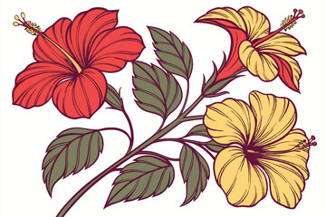133 detailed photorealistic oil painting of vibrant red and yellow hibiscus flowers with green leaves, lush floral tropical pattern, highly detailed botanical illustration, warm colors, dynamic compos