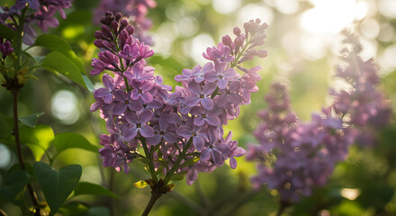 Fototapeta premium Soft Focus Purple Lilac Flowers in Sunlight with Bokeh Background