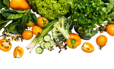 Fresh Vegetable Assortment: Lettuce, Tomato, Broccoli, Pepper on png background. Top View.Vibrant Raw Vegetable Mix: Spinach, Pepper, Tomato, Broccoli, copy space. Healthy Eating concept