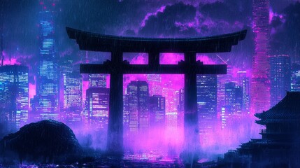Obraz premium Neon-lit Tokyo in a Dystopian Future Featuring a Torii Gate
