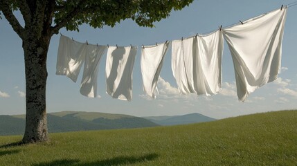 Line of white clothes hanging on a clothesline in a grassy field. the clothesline is strung between two trees, one on the left side of the image and the other on the right side.
