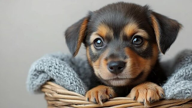 Adorable Puppy Portrait: A captivating close-up of a cute puppy with soulful eyes nestling contentedly in a cozy woven basket, evoking feelings of warmth and affection.