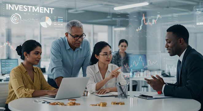Diverse Business Team Collaborating on Investment Strategy with Financial Data Overlay
