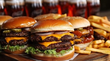 A beautifully arranged late night Burger Haven spread featuring ultimate burgers and ice cold sodas overlay cut out on isolated transparent removed background